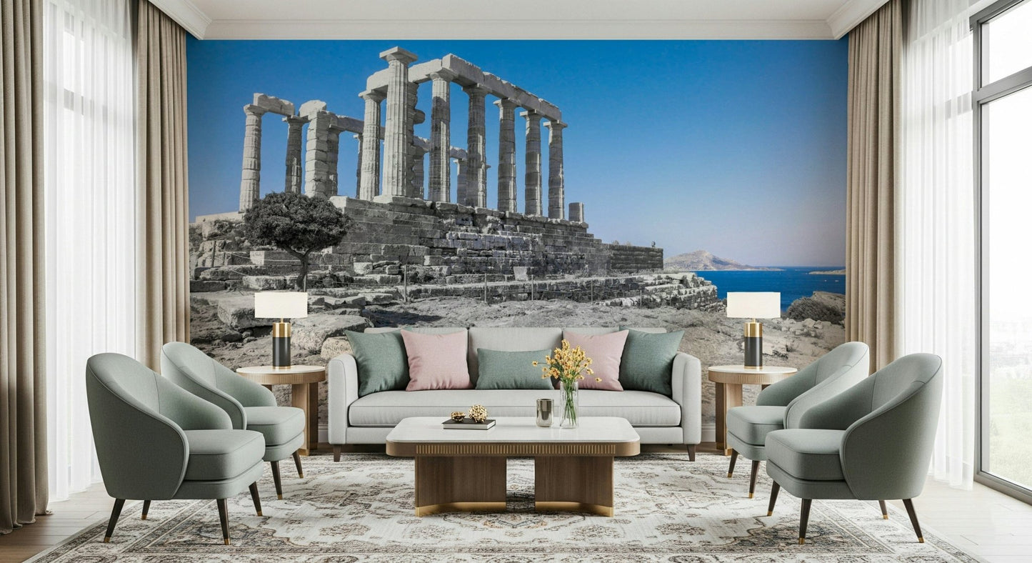 This wallpaper features the ancient Temple of Poseidon standing majestically against a bright blue sky and sea.