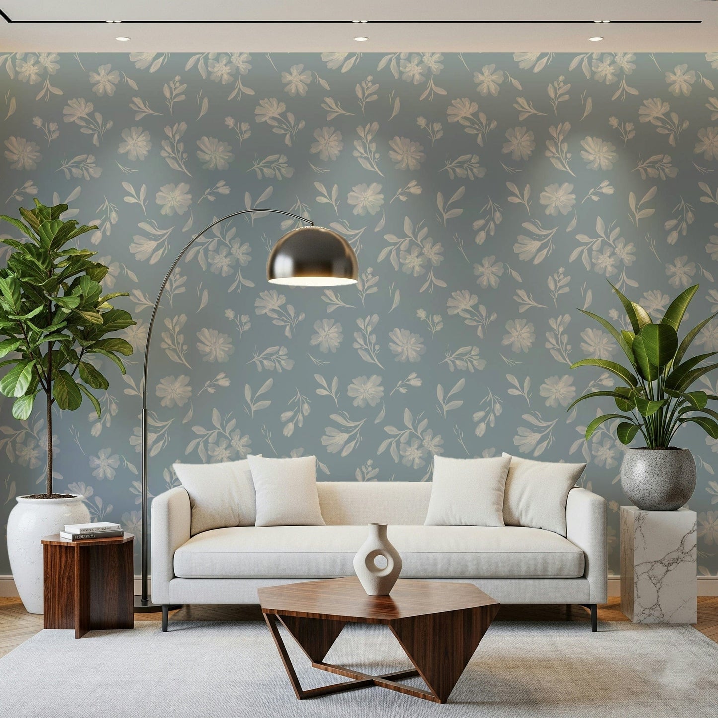 Elegant hand-painted stems Powder Blue Bloom wallpaper for walls.