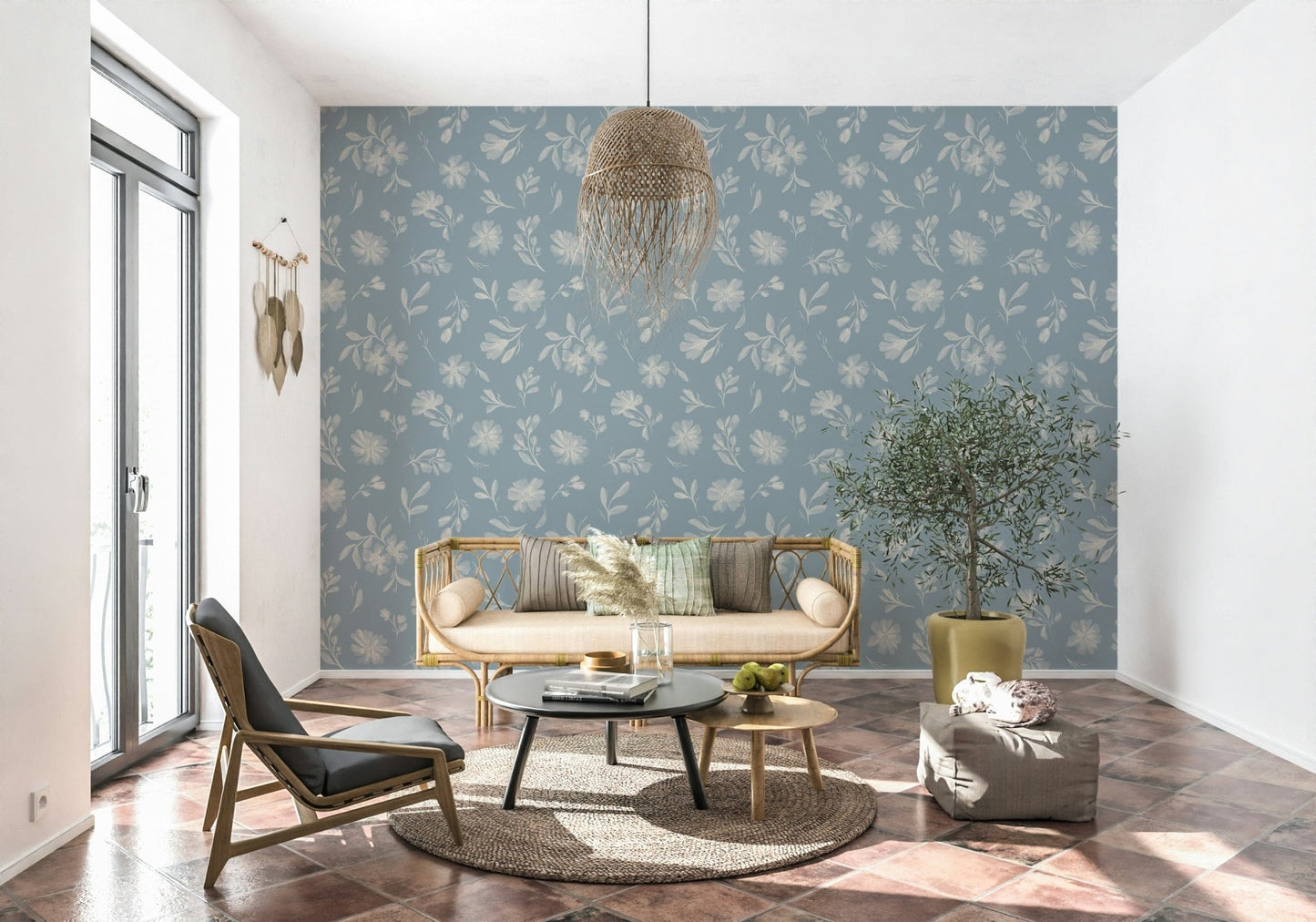 Powder Blue Bloom vintage meadow peel and stick wallpaper.