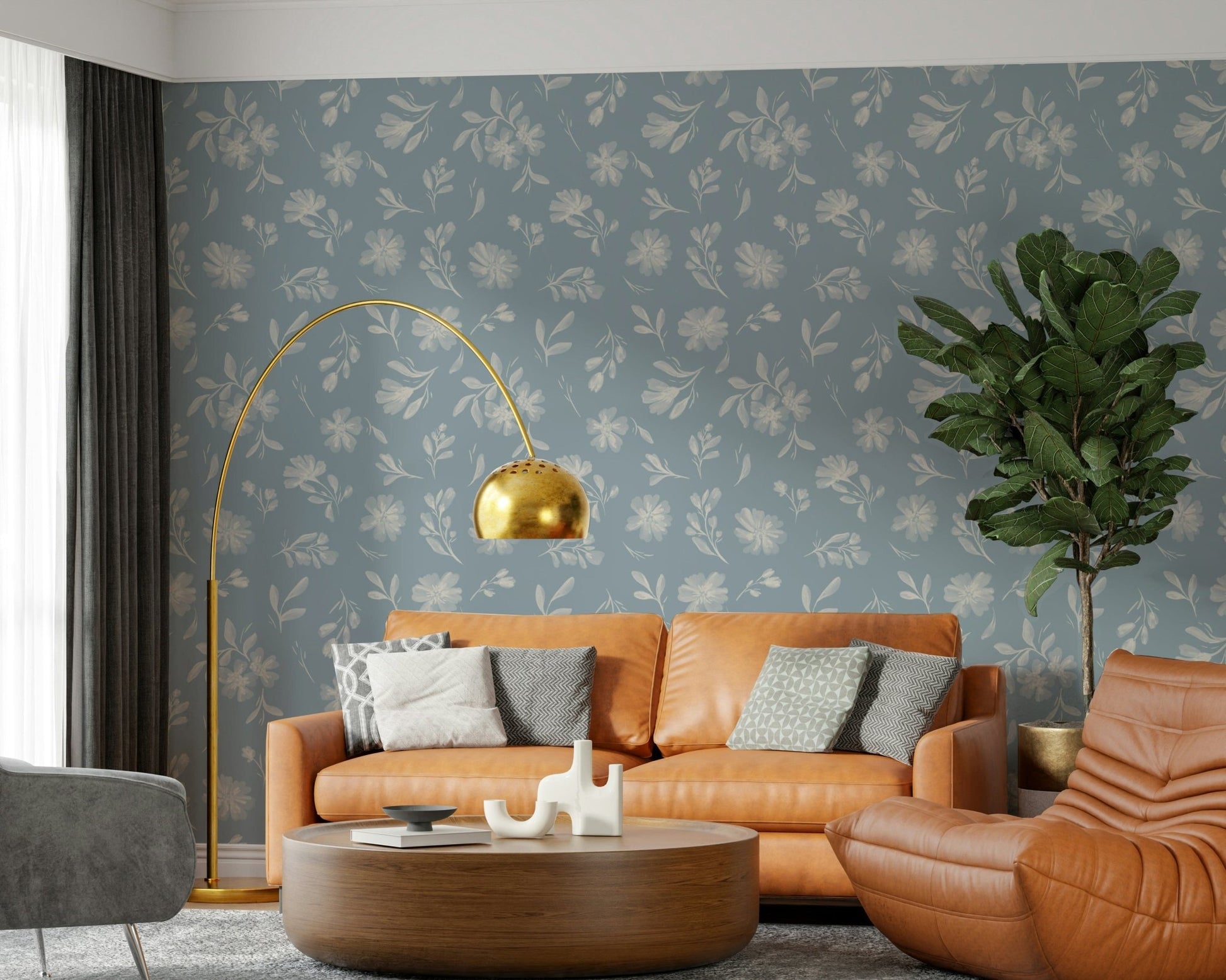 Soft watercolor blossoms Powder Blue Bloom wallpaper for walls.