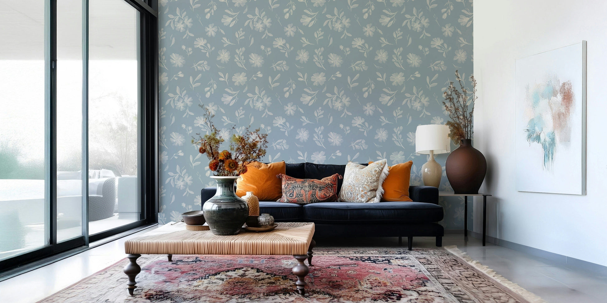 Powder Blue Bloom muted azure peel and stick wallpaper.