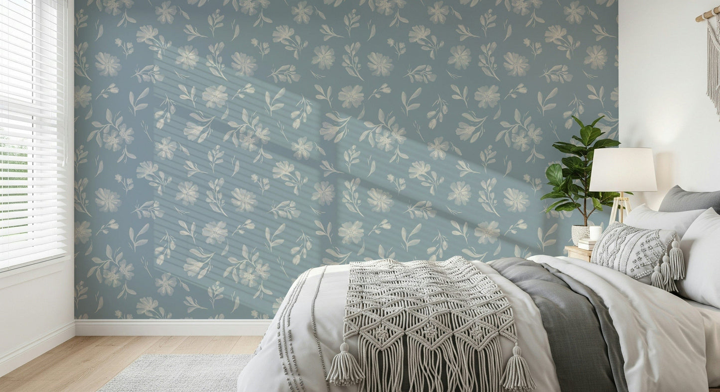 Powder Blue Bloom serene botanical peel and stick wallpaper.