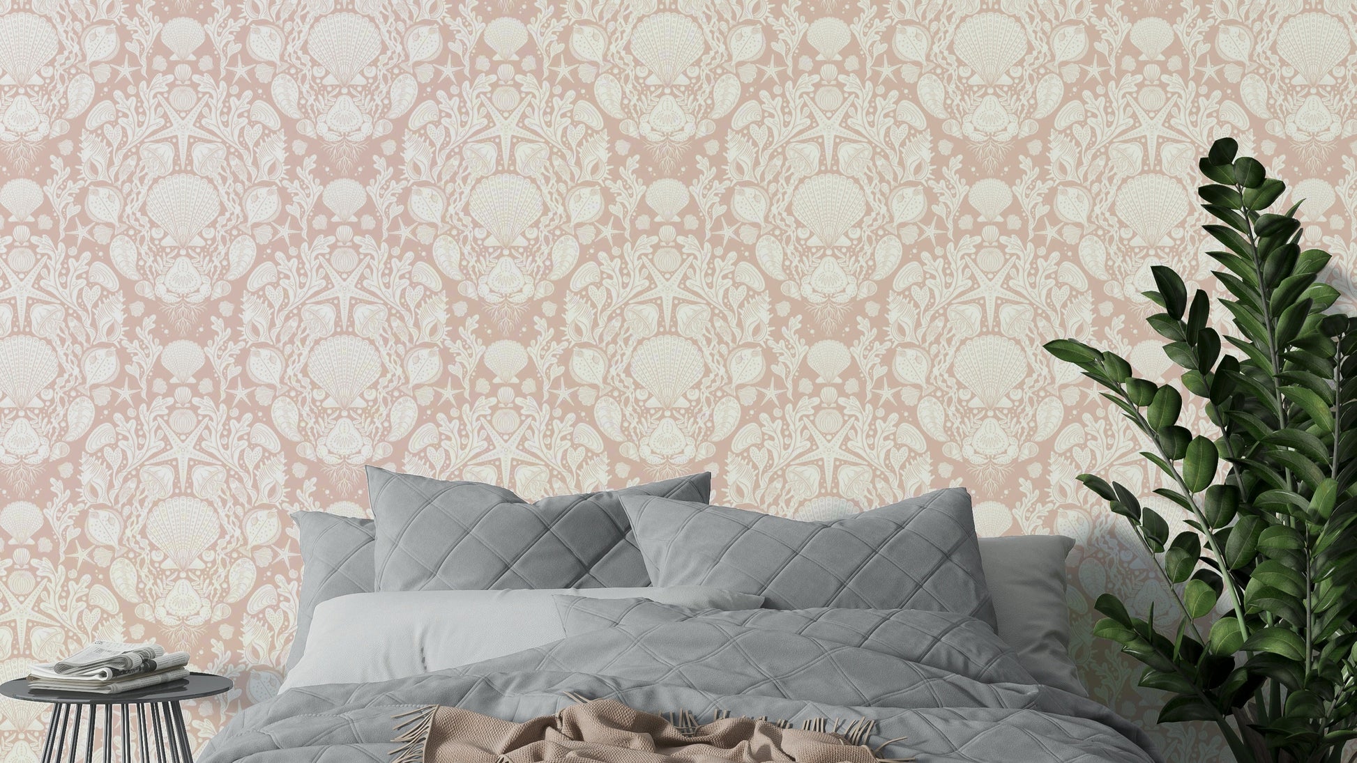 Powder white damask wallpaper with sea motifs

