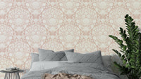 Powder white damask wallpaper with sea motifs

