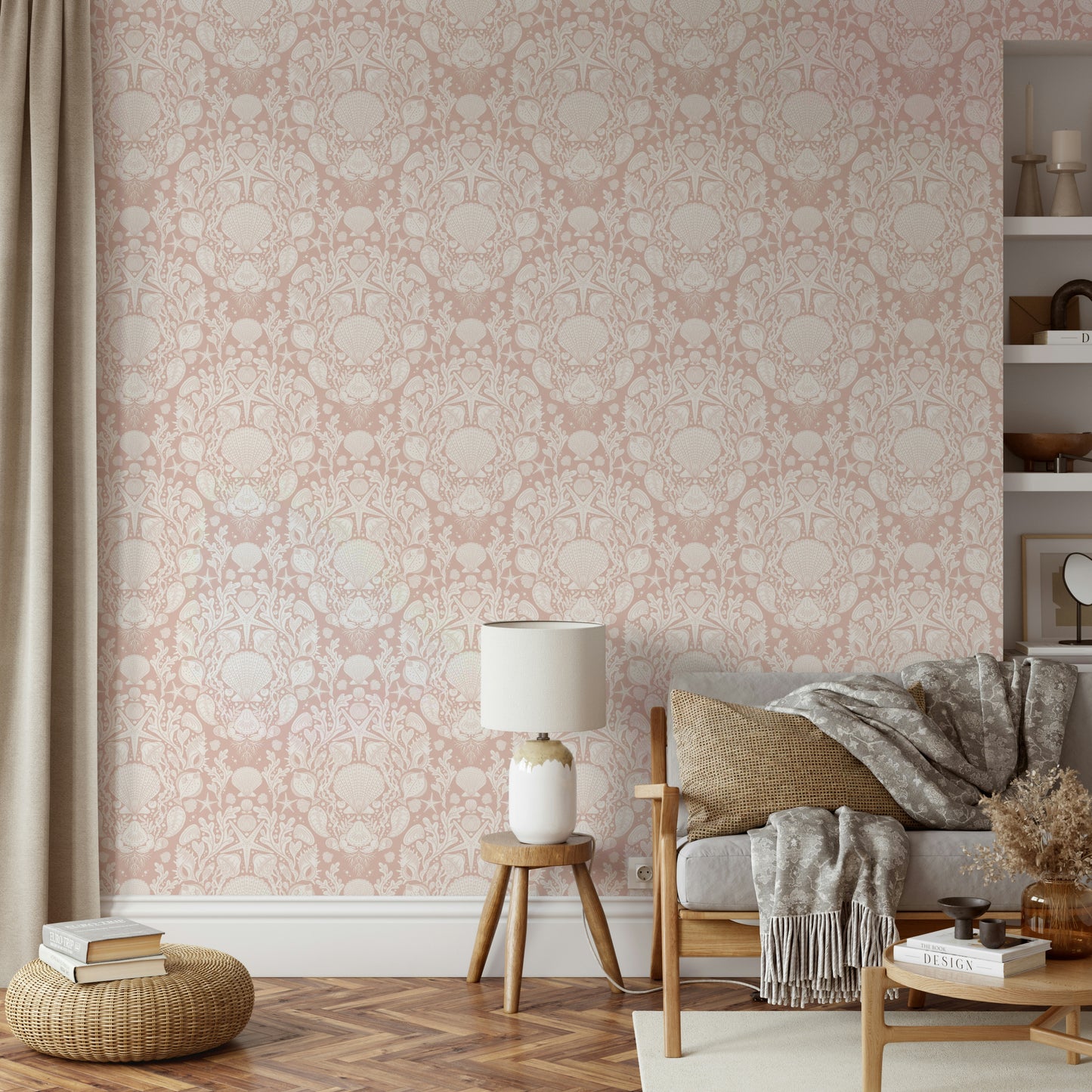 Marine damask wallpaper in soft white tones

