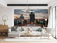 Vintage Prague rooftops illustration used as city wallpaper décor