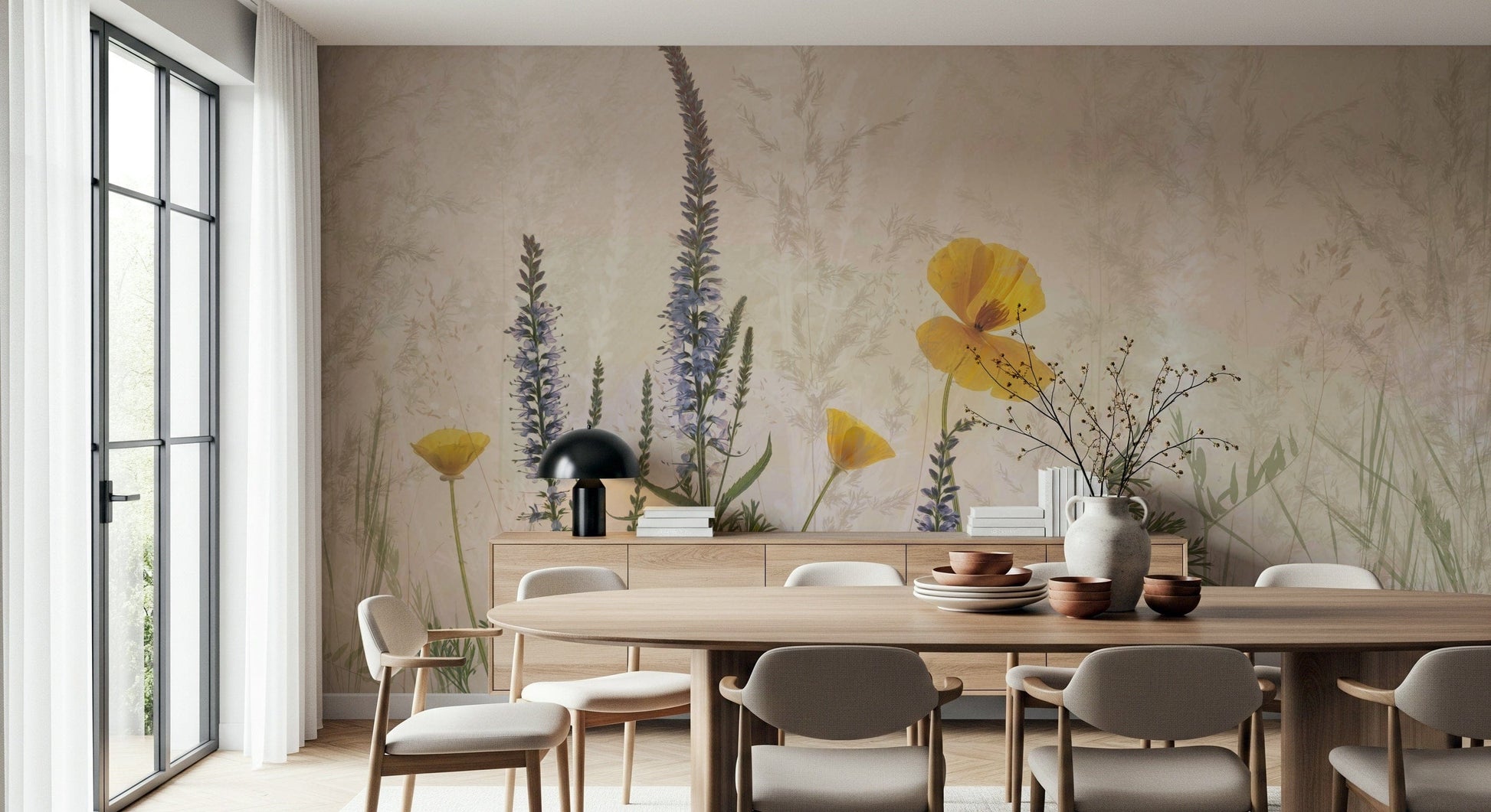 A peaceful flower design mural on decorative wallpaper.

