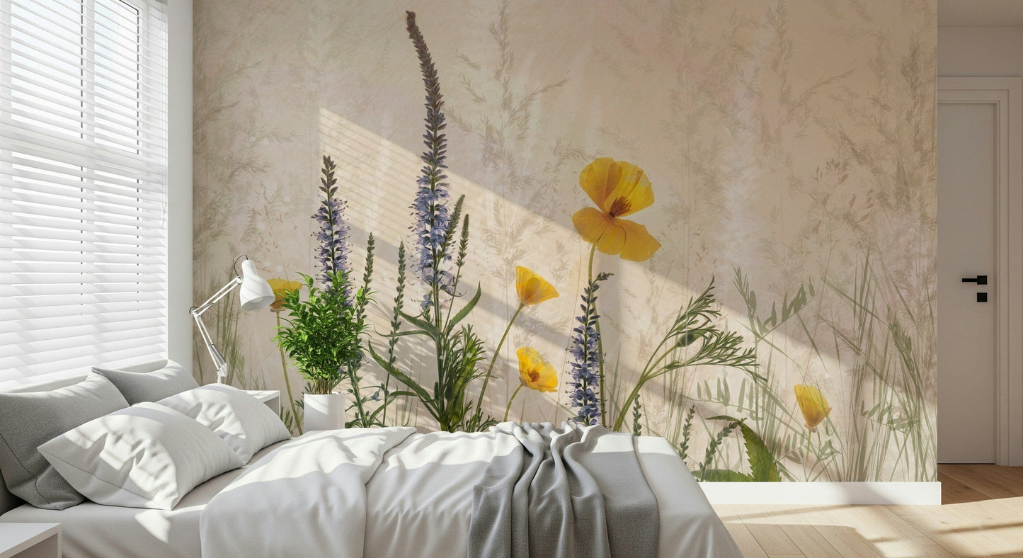 A graceful subtle bloom wall mural in soft, natural tones.

