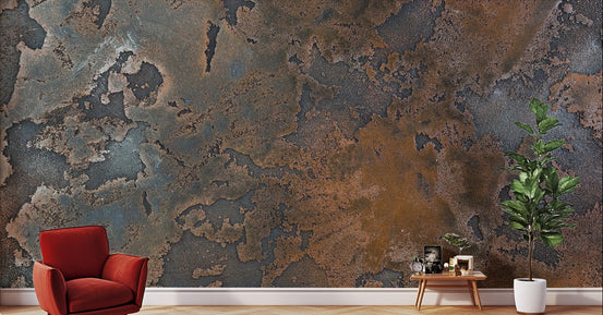 Rusty Metal wallpaper mural shown as a full feature wall that highlights the design