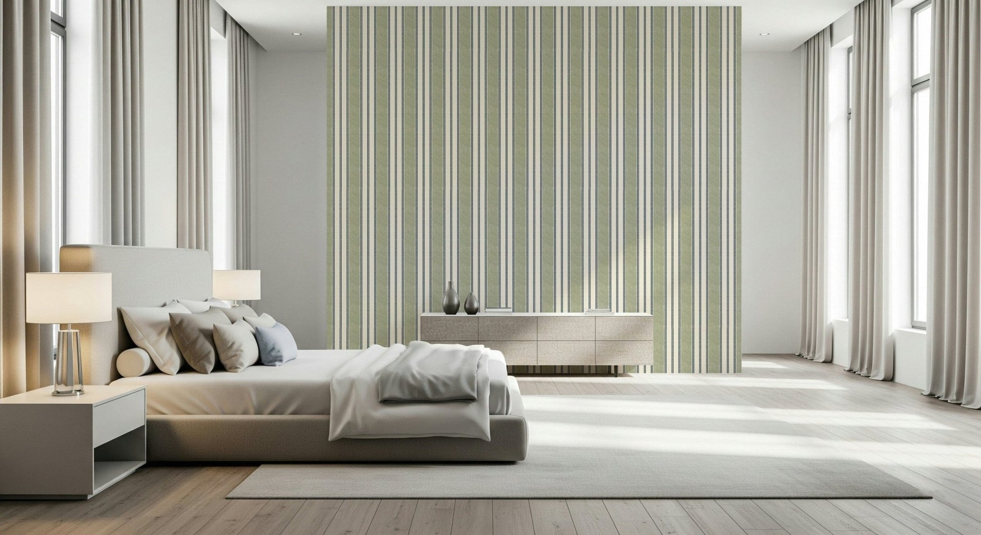 Preppy Grandmillennial Ticking Stripes Green Wallpaper with classic vertical stripe design.
