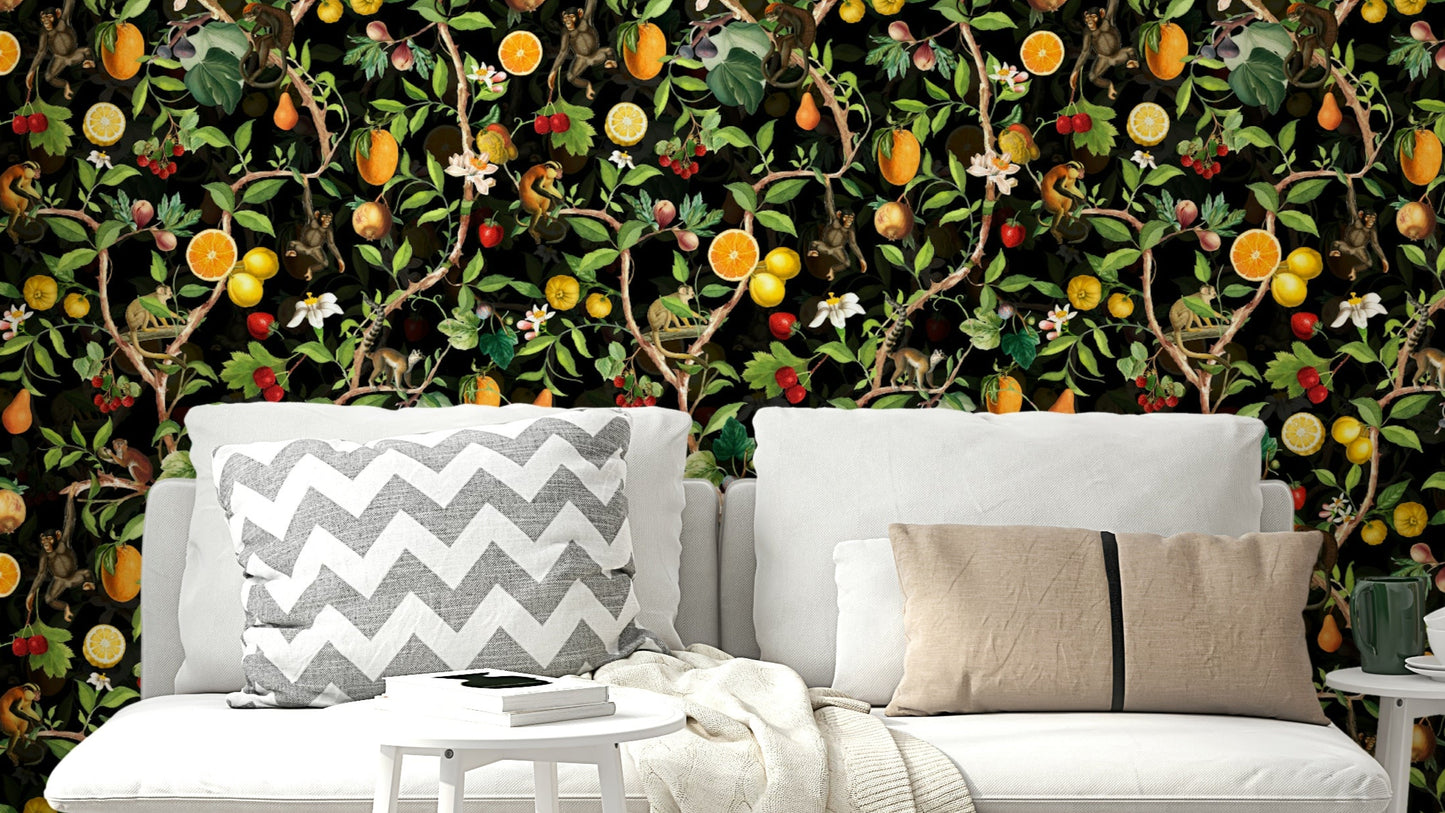 Vibrant wallpaper featuring playful primates and colorful flowers.

