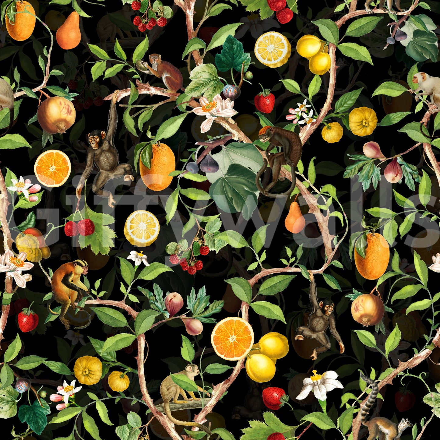 Tropical mural featuring monkeys and vibrant floral elements.

