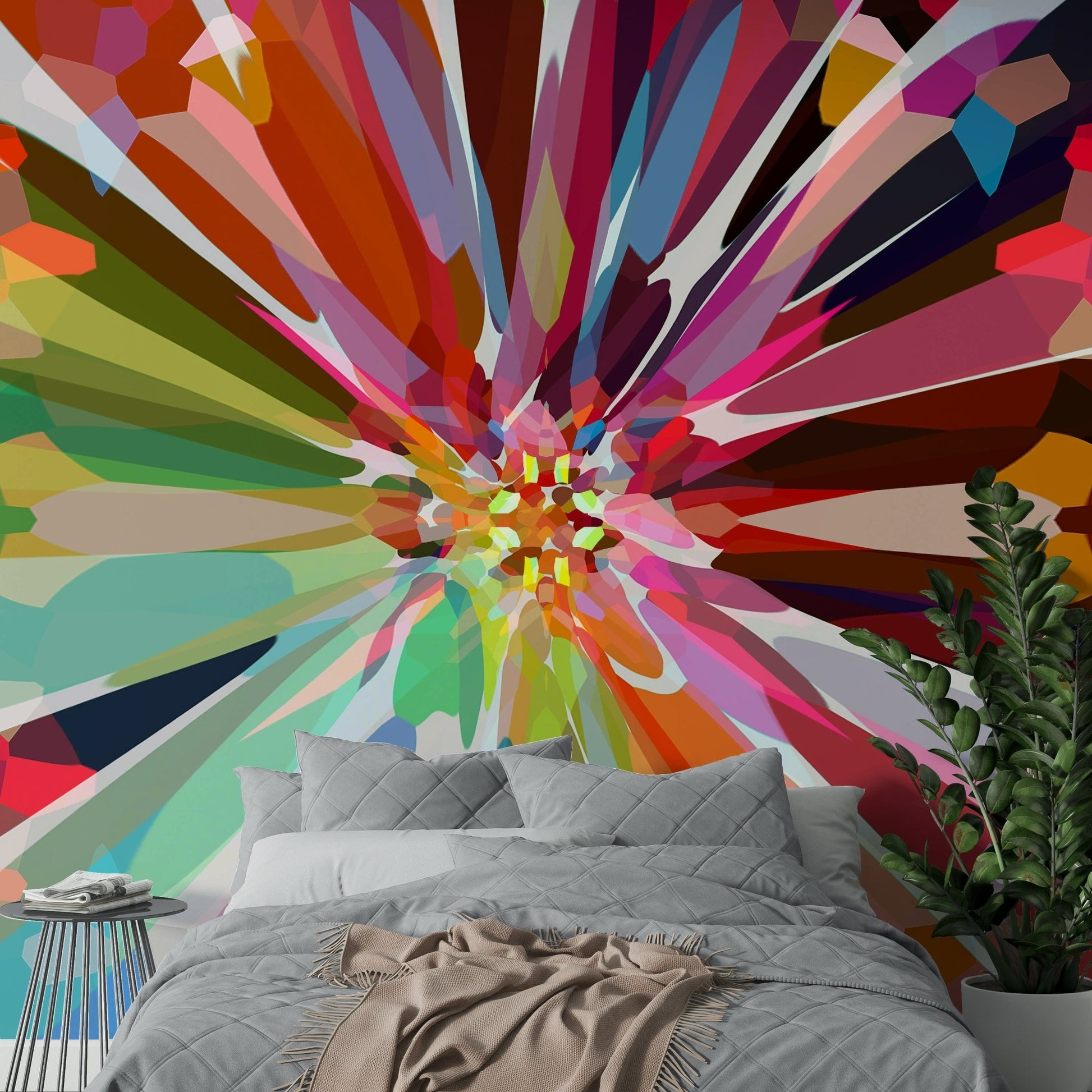 Wall mural with refracted light and layered hues


