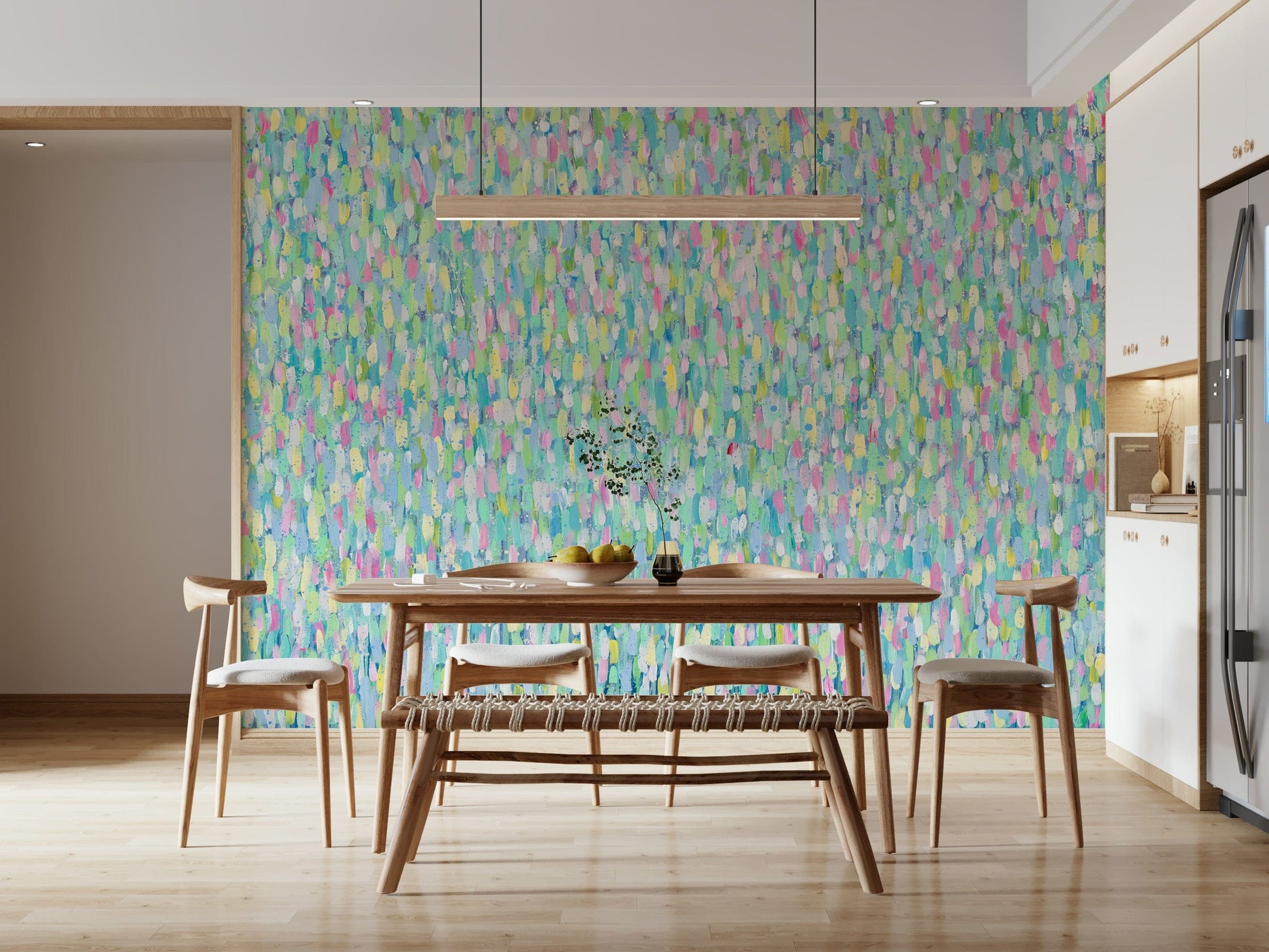 A calming abstract design wallpaper mural that defines a space.