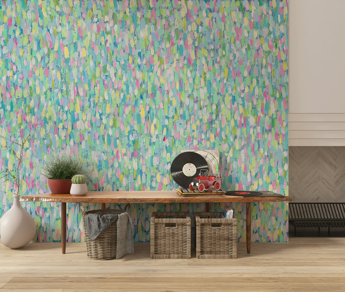 A graceful subtle pattern wall mural in bright, bold colors.
