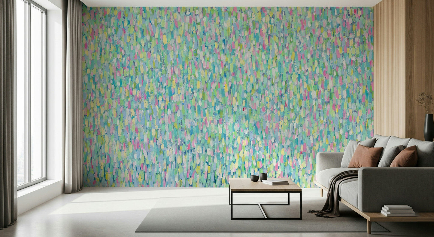 An artistic colorful stroke mural on minimalist wallpaper.