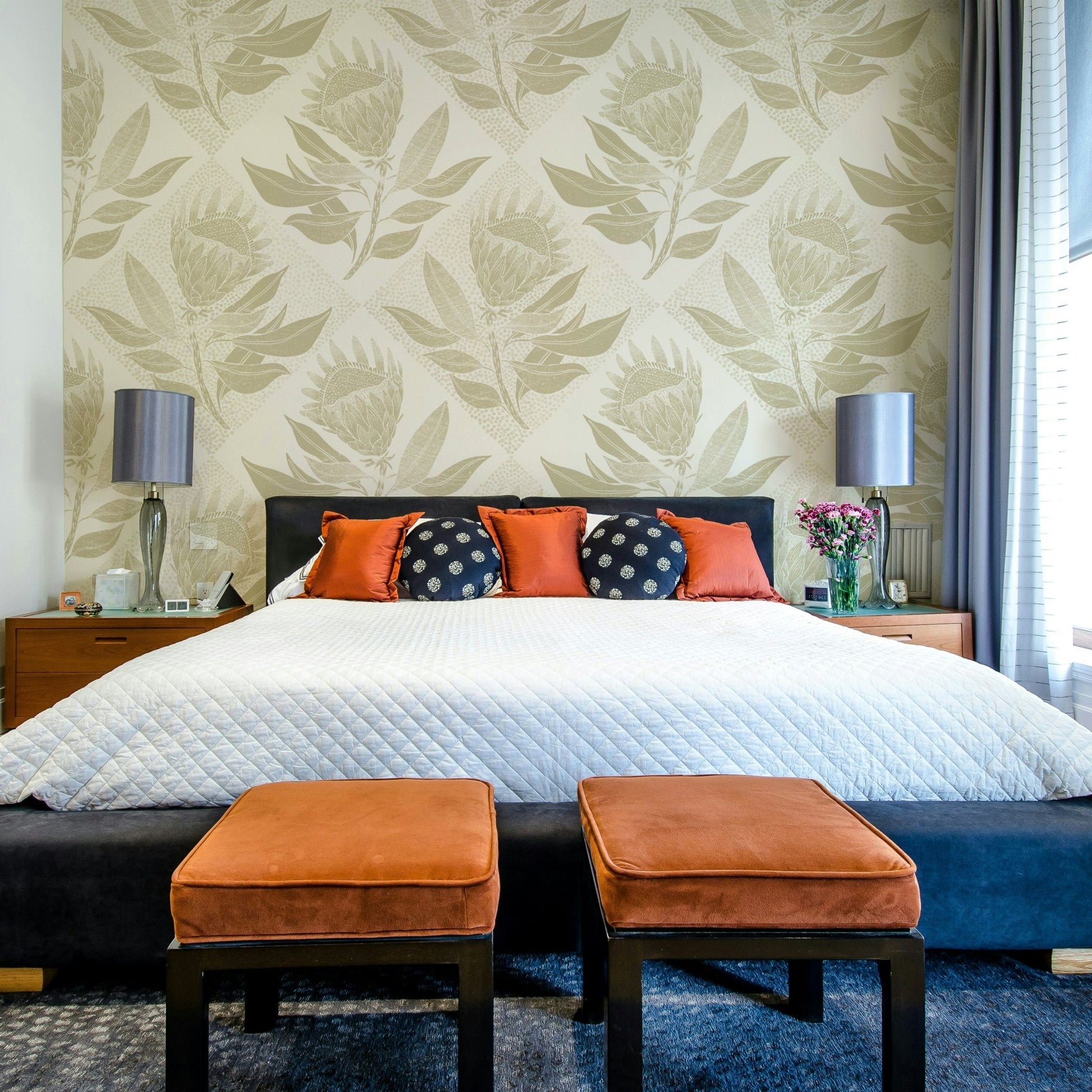 Subtle protea flower wallpaper in soft sage for calming rooms

