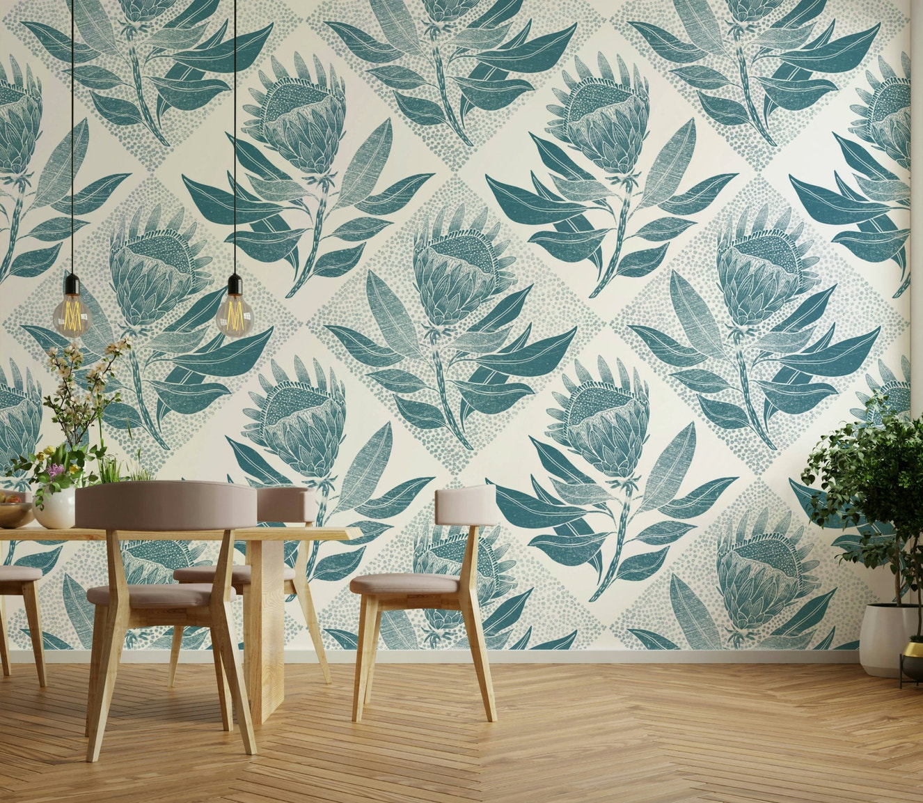 Bold protea flowers on a turquoise background

