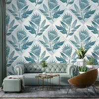 Close-up of floral protea design with turquoise tones

