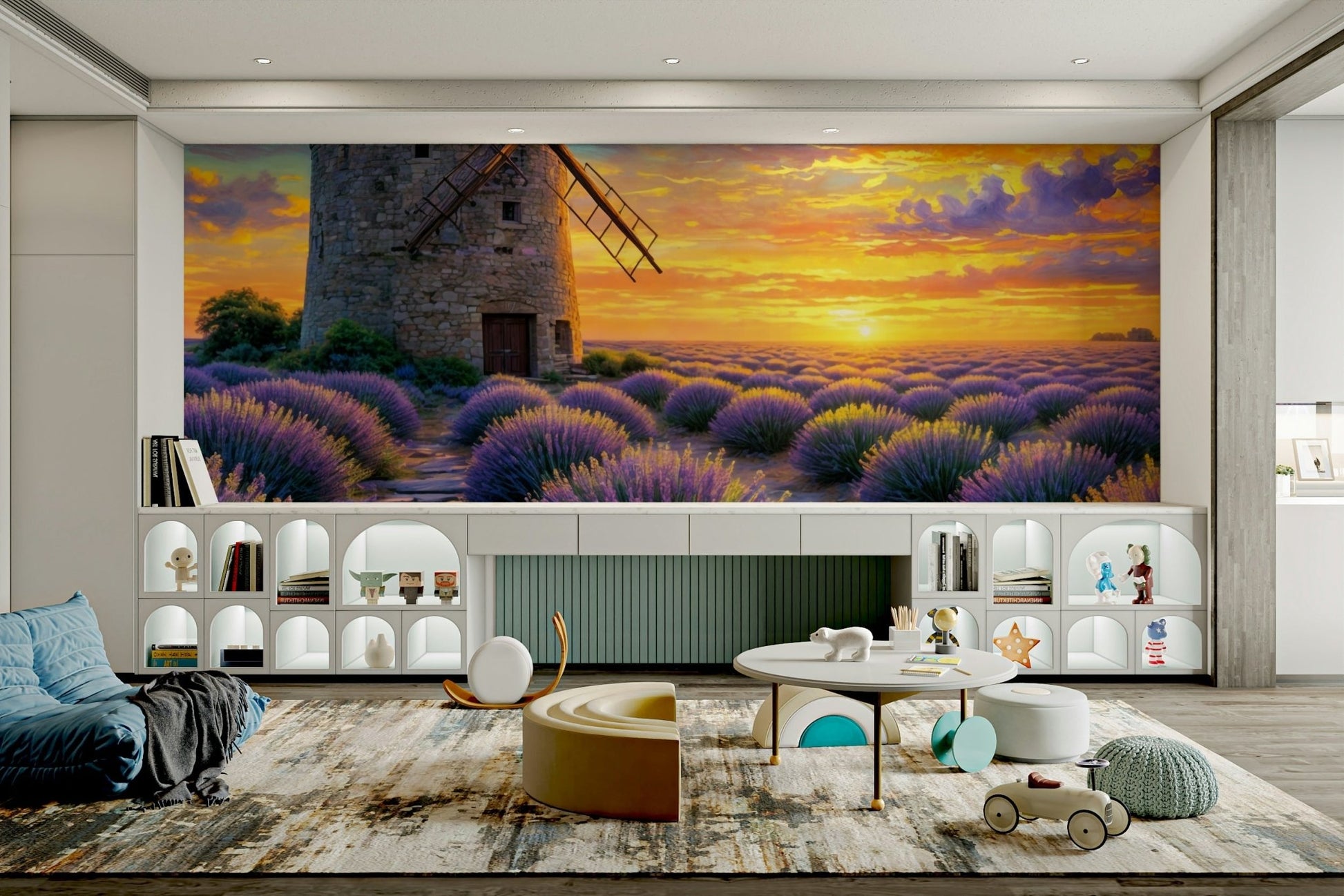 The mural is installed in a modern, quiet living room.

