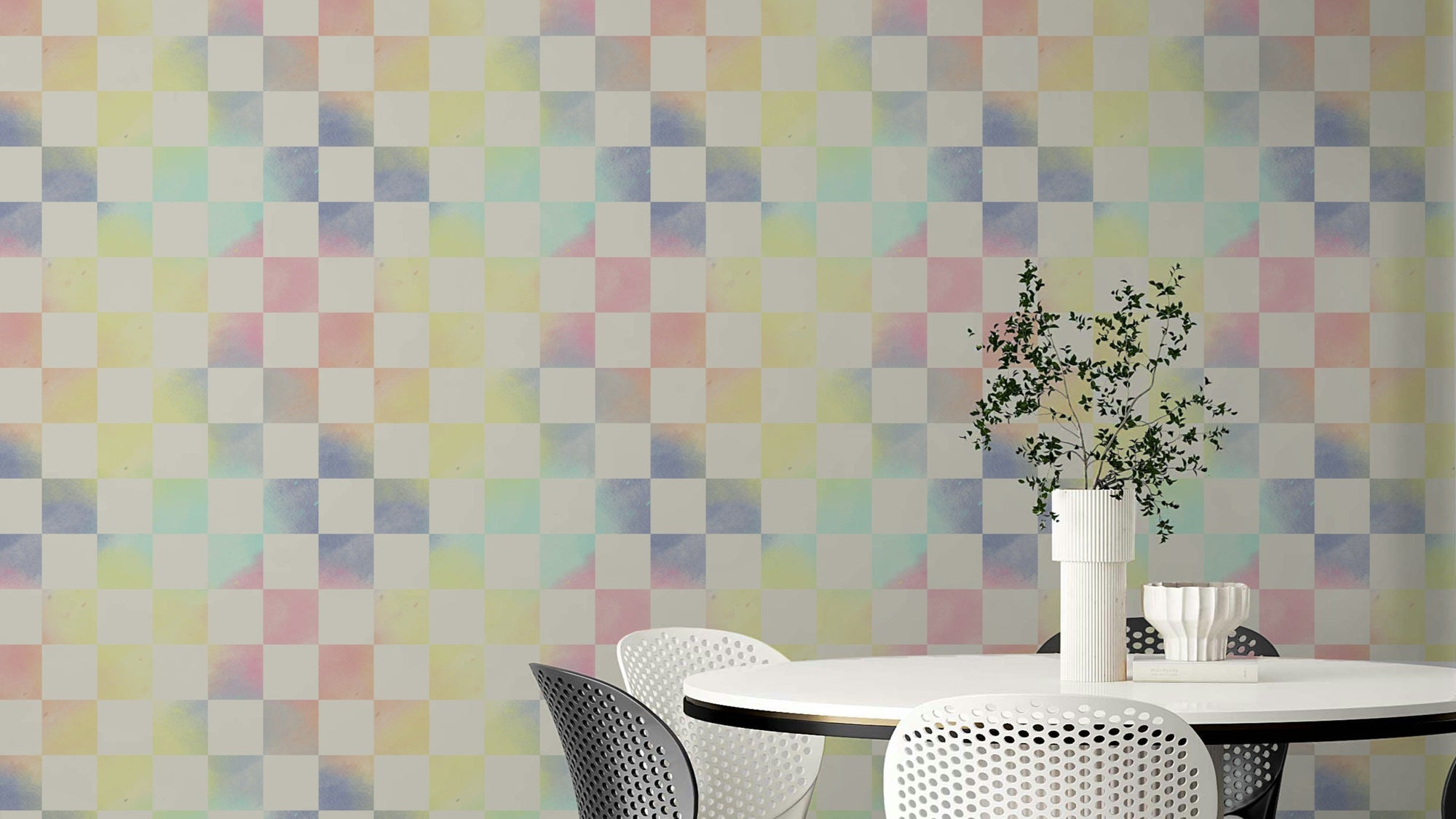 Psychedelic check wallpaper in astral rainbow tones

