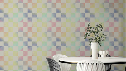 Psychedelic check wallpaper in astral rainbow tones

