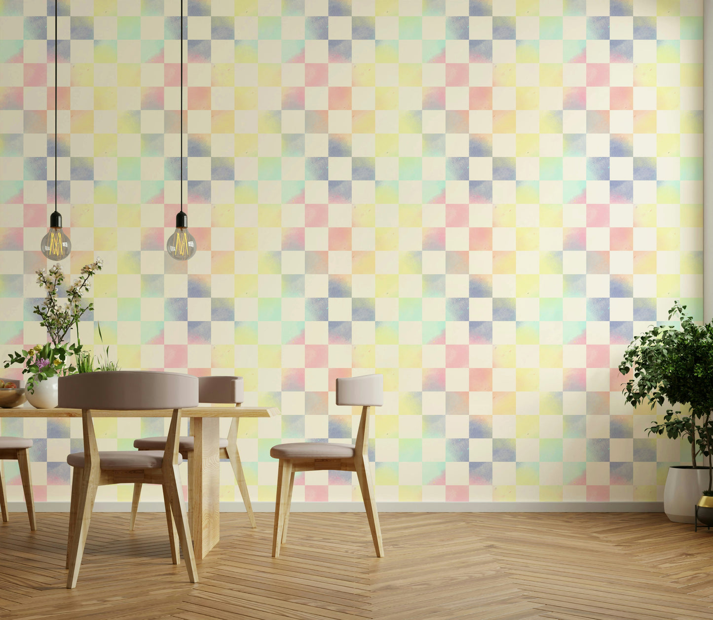 Bright checkered wallpaper with surreal hues

