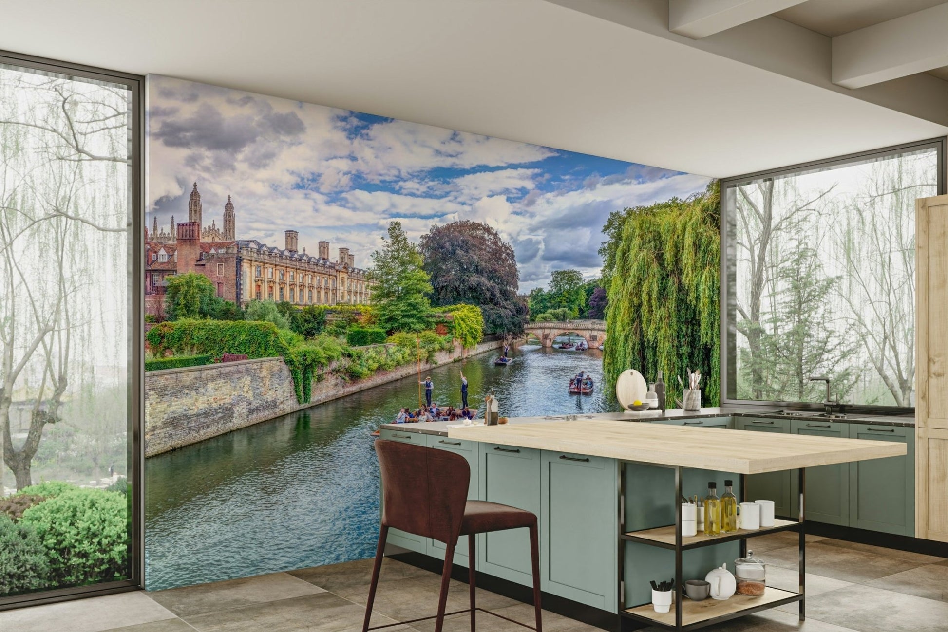 Focus on water reflections and architecture.

