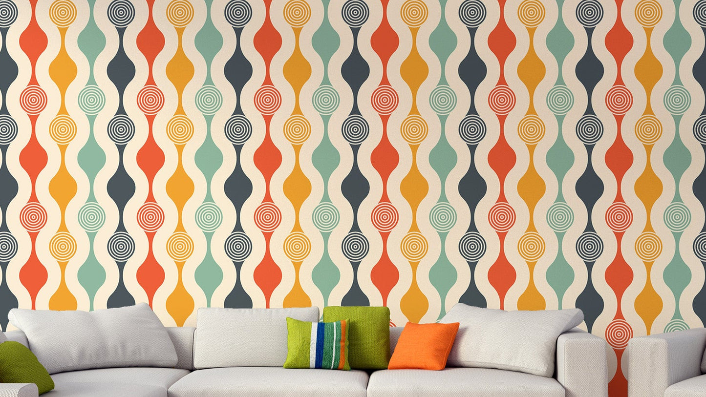 Vibrant retro curves wallpaper with colorful patterns in living room