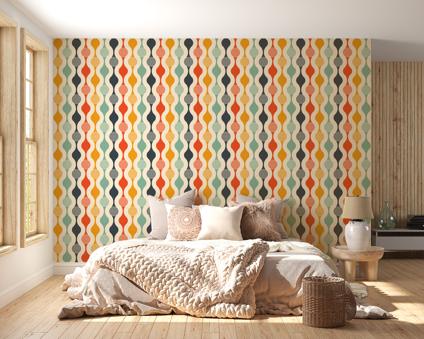 Playful retro bedroom wallpaper with colorful wavy patterns