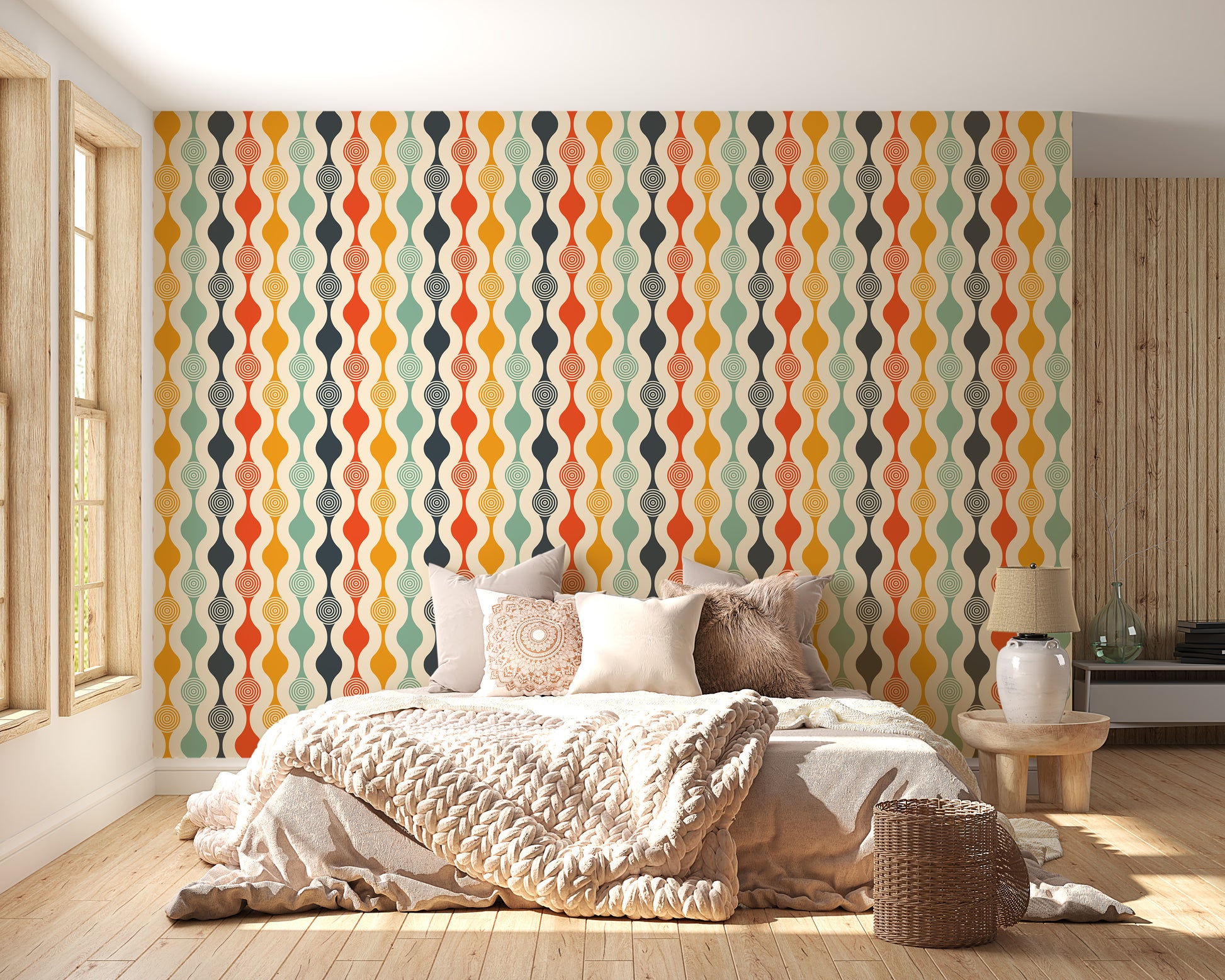 Playful retro bedroom wallpaper with colorful wavy patterns