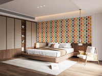 Abstract wallpaper in bedroom with retro-inspired curves and colors
