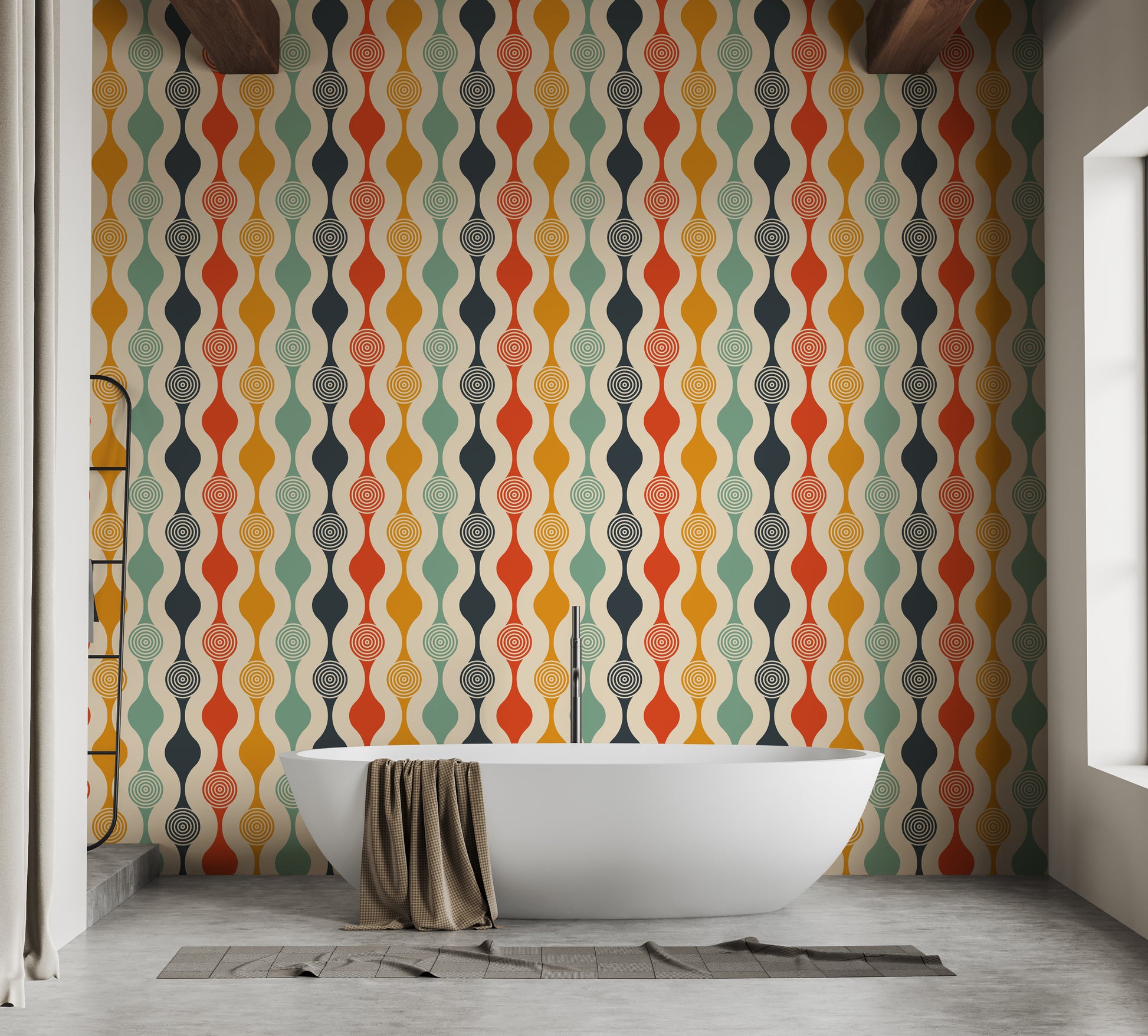 Bold retro wallpaper featuring wavy lines and shapes for Bathroom