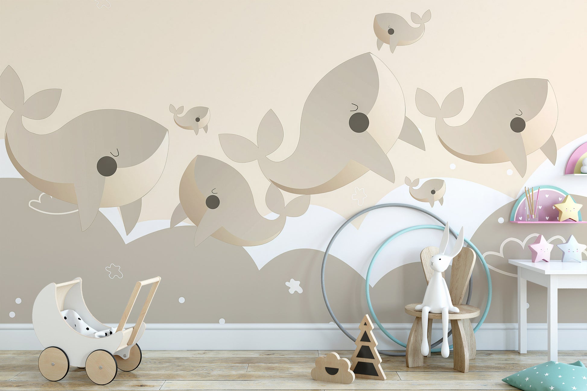 Peel and stick Cuddly Cetaceans Wall Mural in a nursery with a white toy pram for a classic and cute interior design.