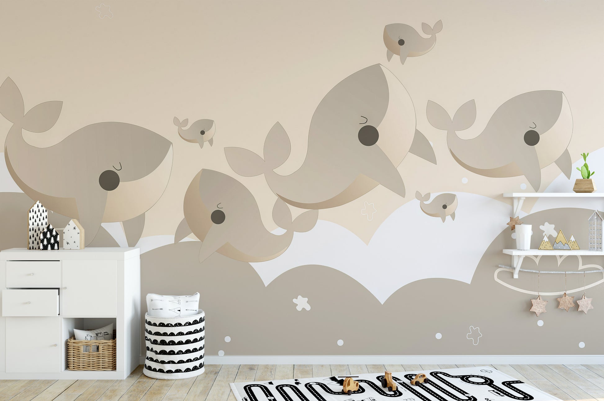 Temporary Cuddly Cetaceans Wall Mural in a playroom with a black and white rug, perfect for a growing child's space.