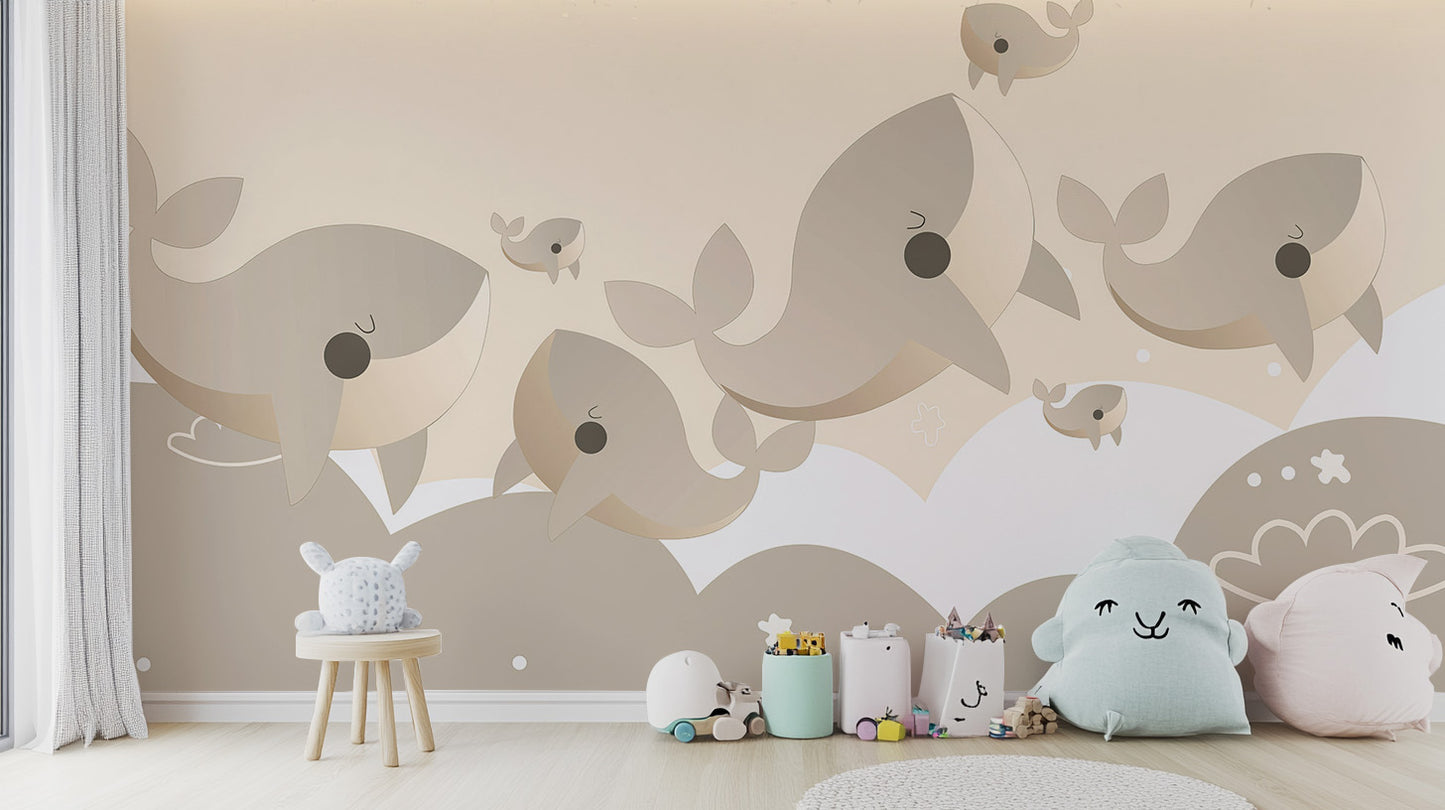 Self adhesive whale mural in a child's room with a small white stool, offering an easy and charming decor upgrade.