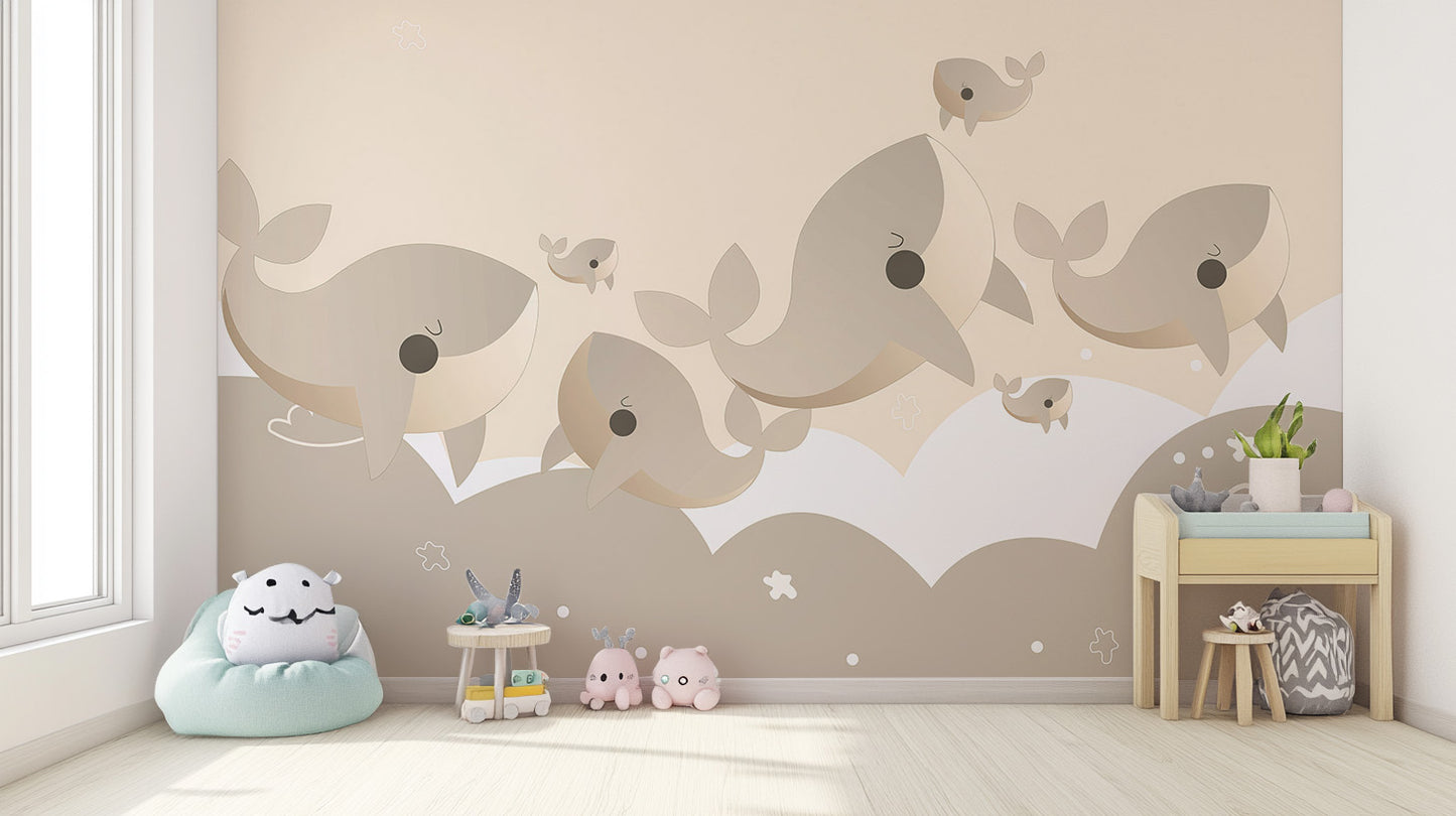 Removable Cuddly Cetaceans Wall Mural in a minimalist nursery with a white storage unit for a damage-free update.
