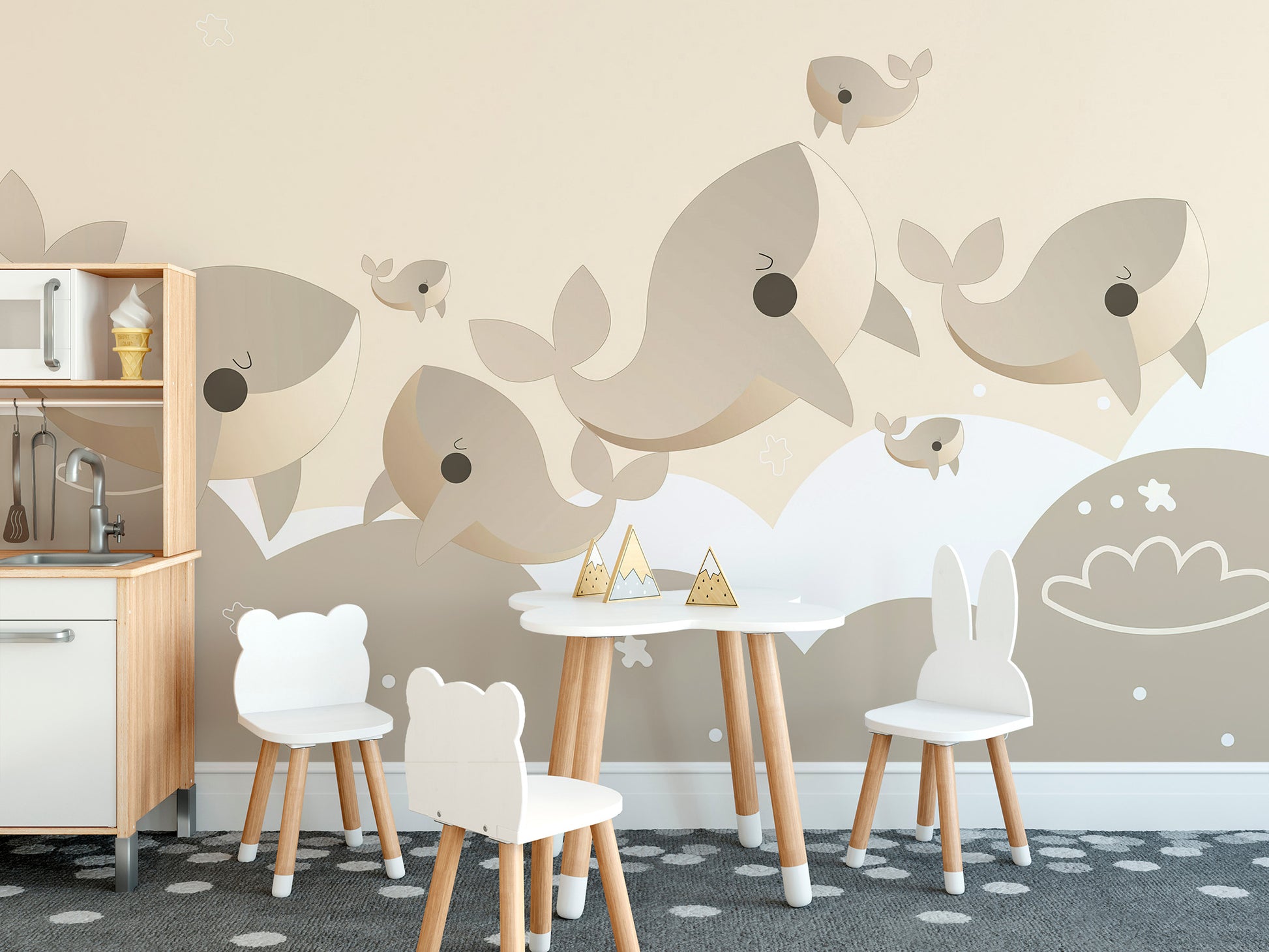 Removable self adhesive whale mural in a study room with a white desk and bunny chairs for a calm, inspired setting.