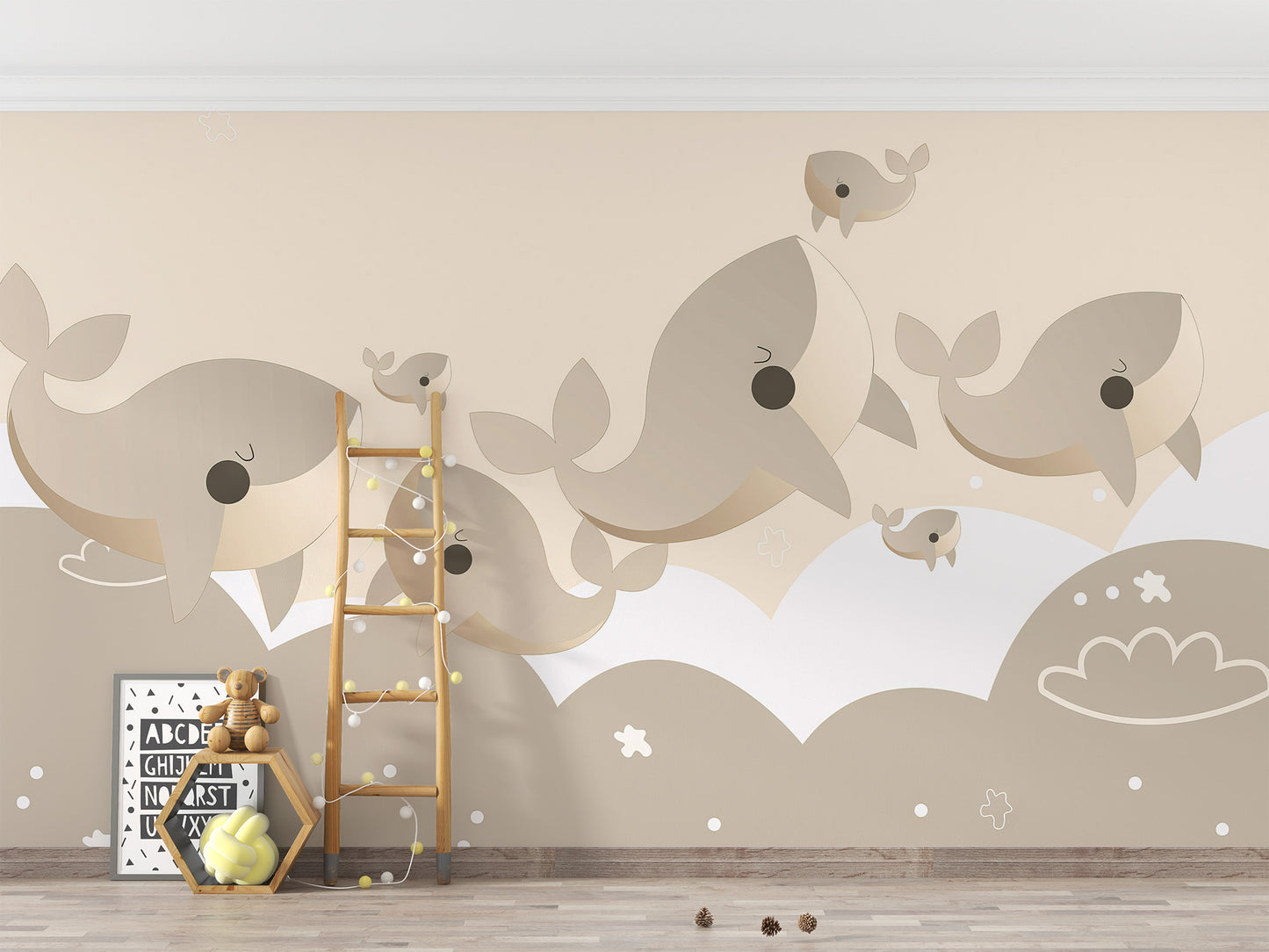 Premium canvas Cuddly Cetaceans Wall Mural in a room with a wooden ladder shelf and toys for a high-end nursery feel.