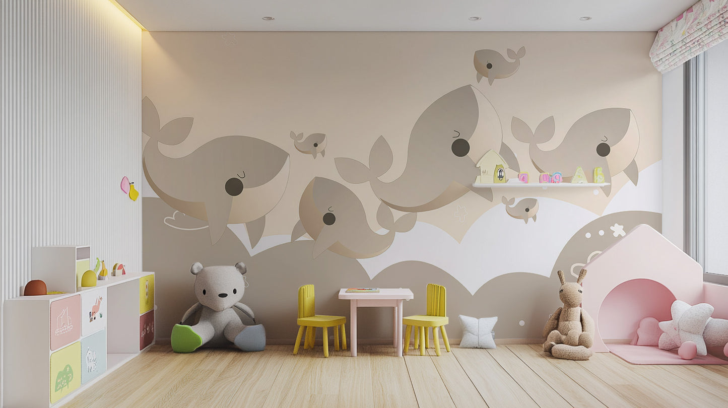 Standard Cuddly Cetaceans Wall Mural in a play area with a yellow table and chairs for a bright and creative space.