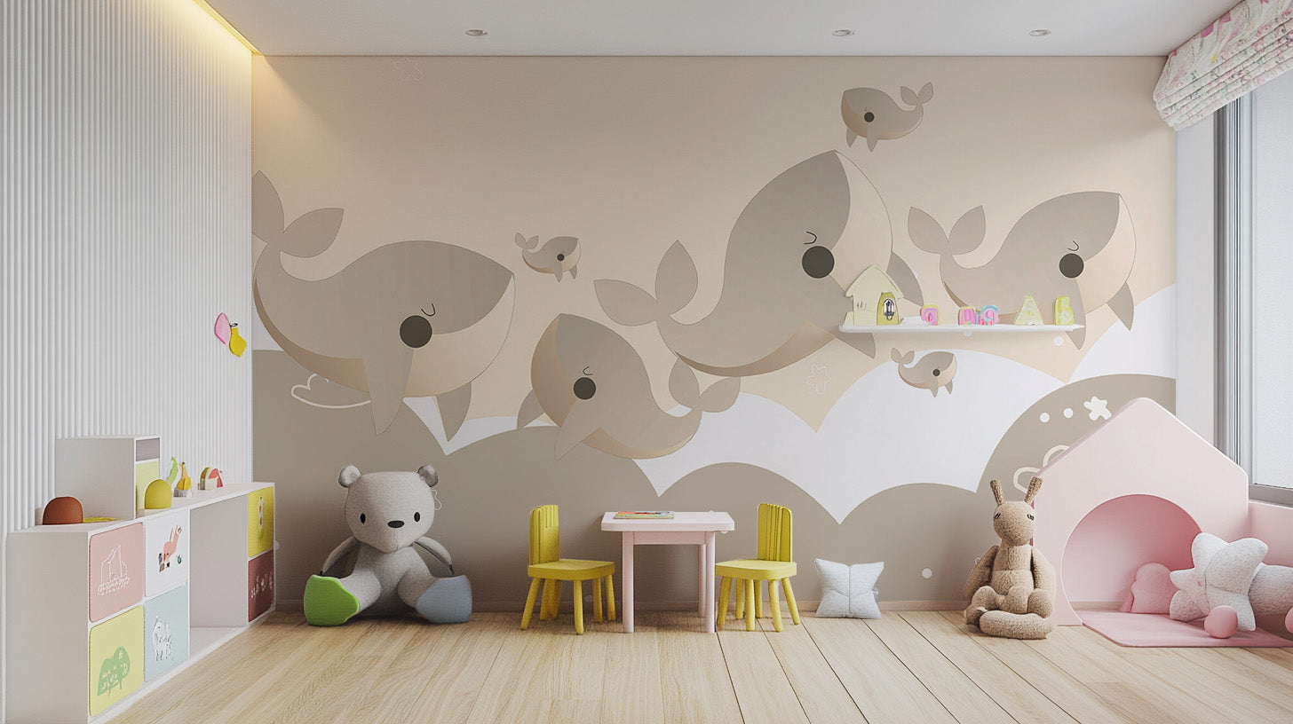 Standard Cuddly Cetaceans Wall Mural in a play area with a yellow table and chairs for a bright and creative space.