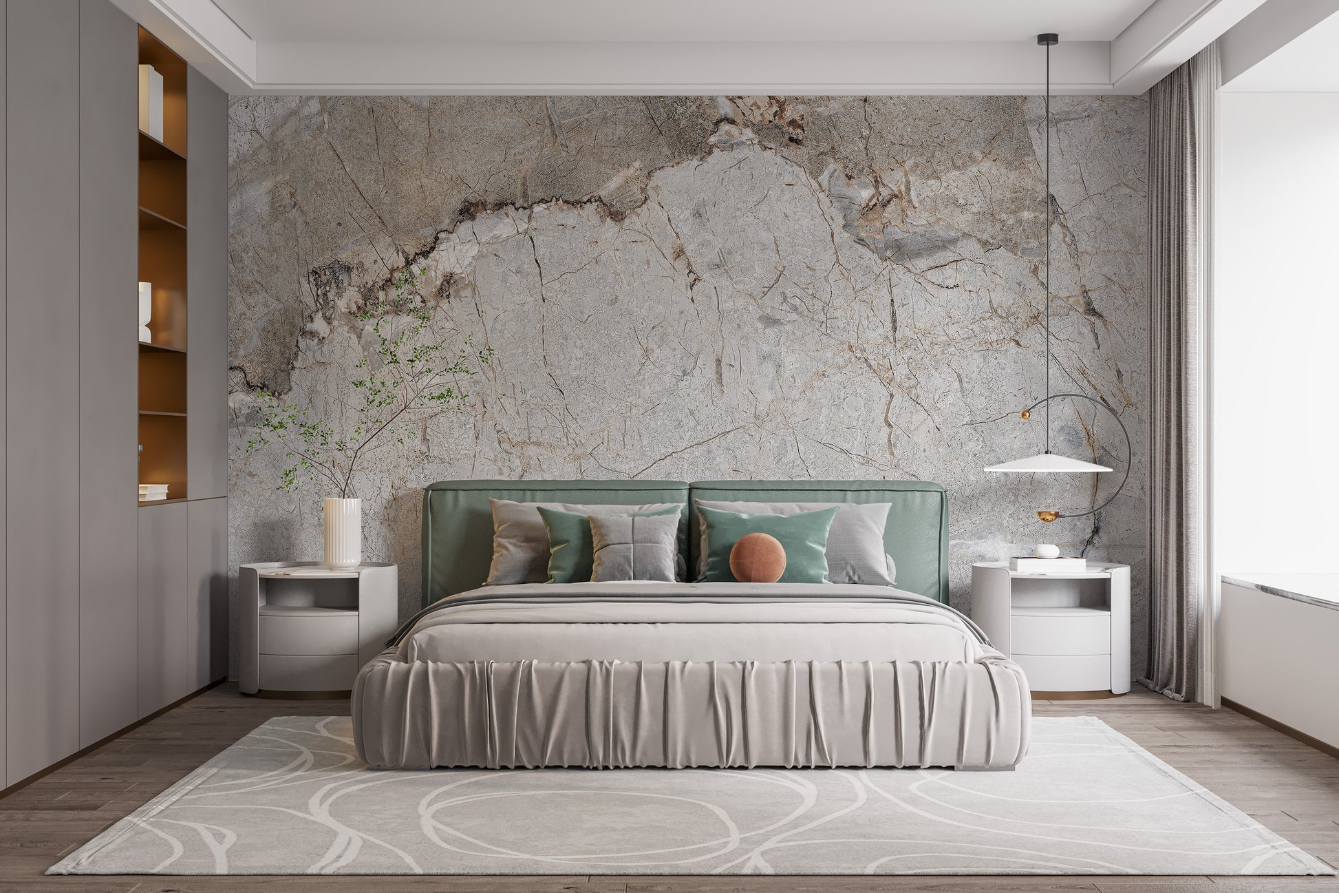 Elegant Gray Marble wallpaper mural with gold veining in a bedroom behind a green bed with sage pillows and nightstands