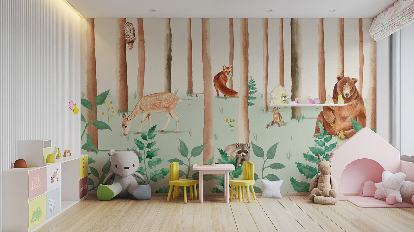 Storybook Wildlife wallpaper mural of woodland animals in a playroom with yellow table, teddy bear and pink tent