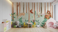 Storybook Wildlife wallpaper mural of woodland animals in a playroom with yellow table, teddy bear and pink tent