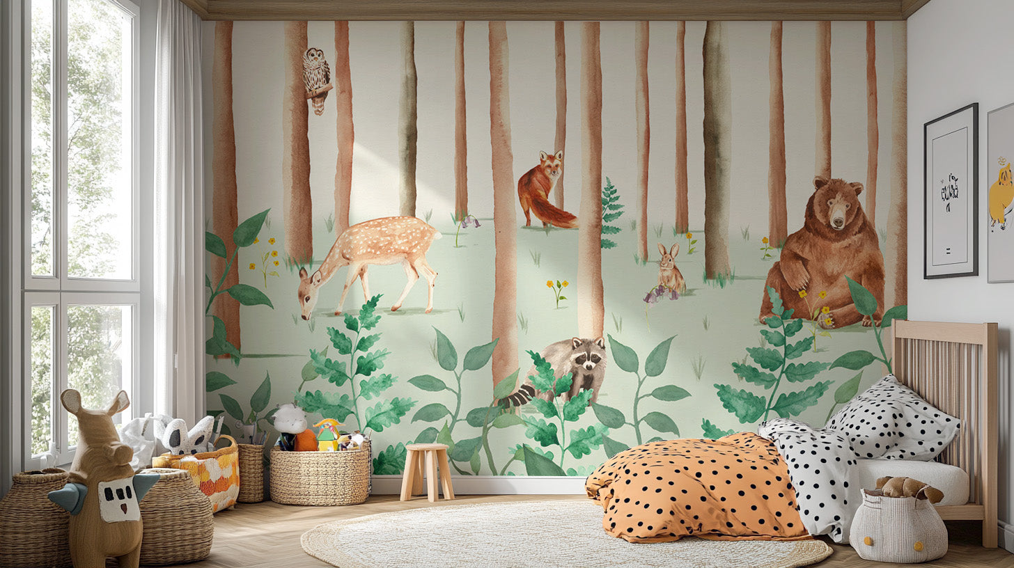 Storybook Wildlife wallpaper mural with deer, fox and bear among trees in a nursery with orange polka-dot bed