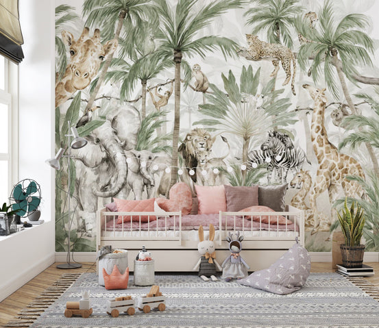 Jungle Safari Kids wallpaper mural with giraffe, elephant and lion behind a pink daybed and plush toys in a kids room