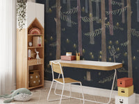 Midnight Grove Fairy Lights wallpaper mural of a navy forest behind a white and wood desk and house bookshelf in a kids room