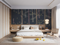 Midnight Grove Fairy Lights wallpaper mural with glowing lights above a low wood platform bed and rattan chair in a bedroom