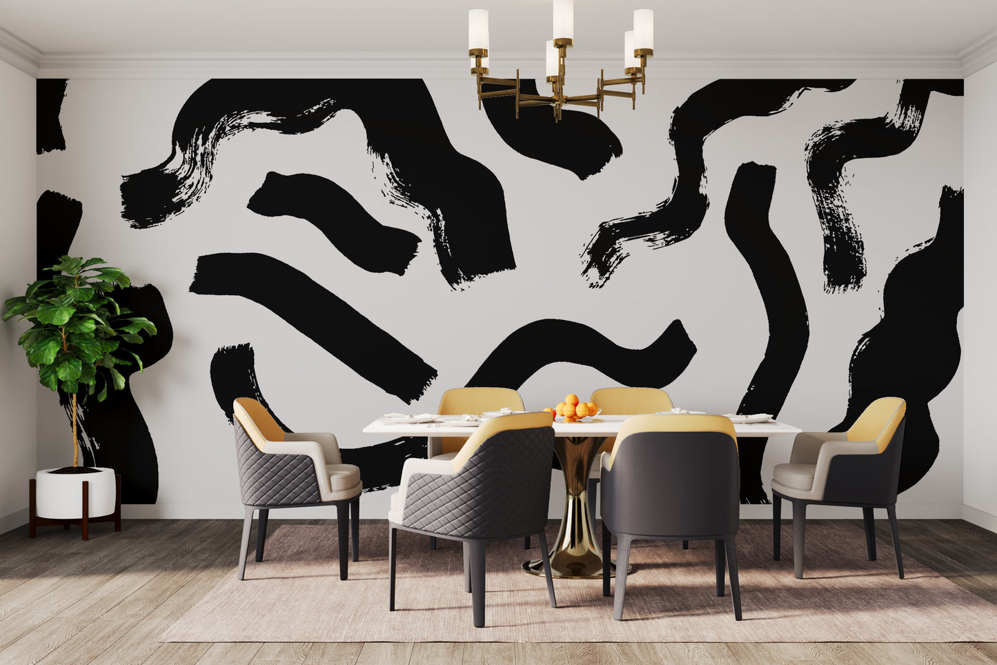 Modern Art Black Brushstrokes Wallpaper peel and stick version in a dinign room for a quick and stylish transformation.