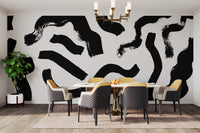 Modern Art Black Brushstrokes Wallpaper peel and stick version in a dinign room for a quick and stylish transformation.